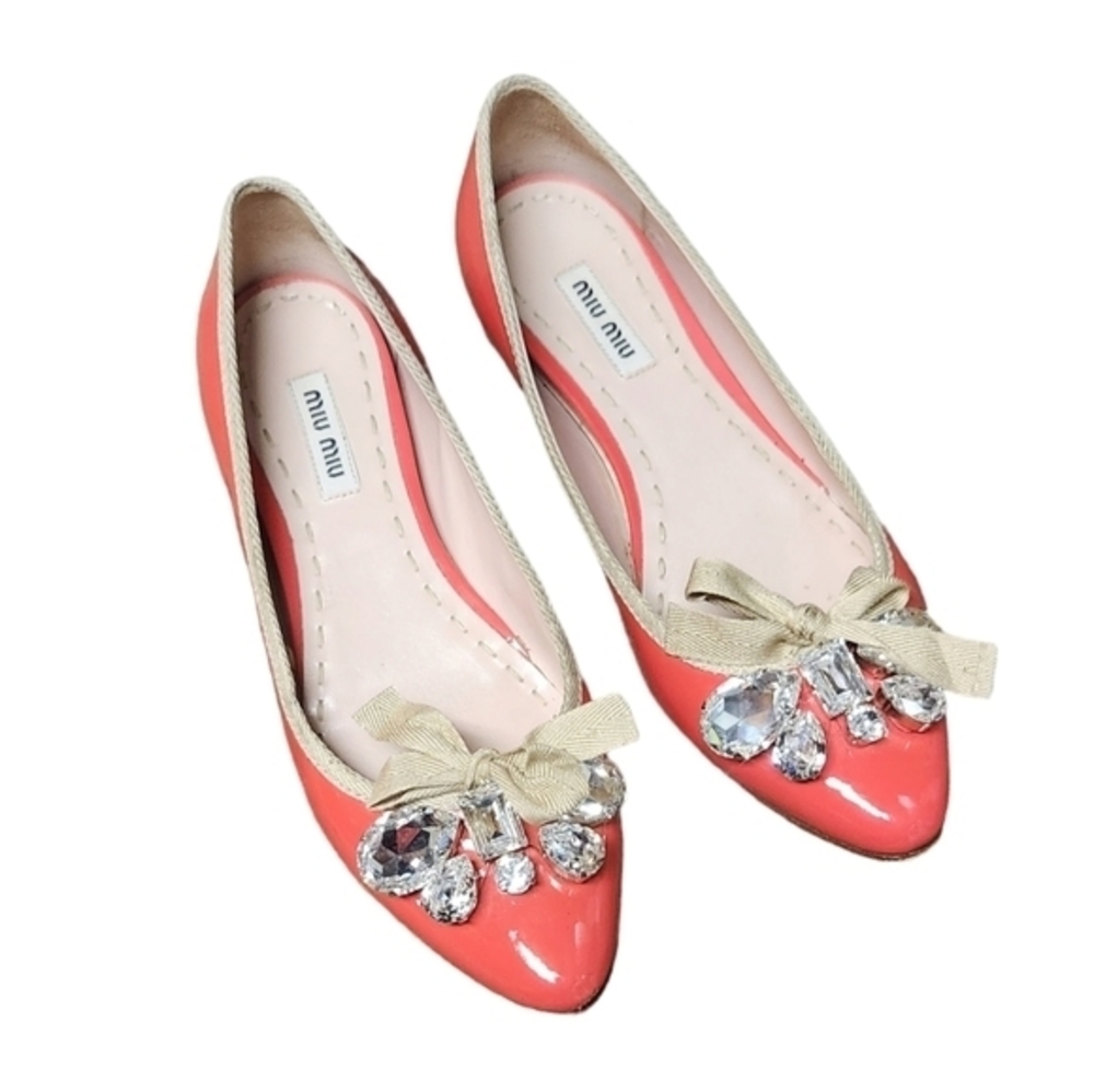 MIU MIU POINTED TOE CRYSTAL BOW BALLET FLATS 5.5